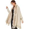 Saklifuo Cappotto da donna con collo in pelliccia sintetica a scialle con nappa, apertura frontale e poncho, Beige, M