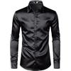 Fulbant Camicie da uomo in seta nera, 3 pezzi (camicia, cravatta e papillon) camicia in raso liscio slim fit per feste e balli scolastici, 1 pezzo nero., XL