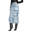 Vsadsau Gonne cargo da donna in denim diviso a vita alta tasche patchwork gonna midi con coulisse allentata, Blu, M