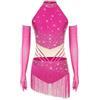 Freebily Vestito da Ballo Donna Latino Americano Tango con Guanti Body Danza Classica con Frange Nappe Strass Abito da Pattinaggio Artistico Costume Danza Samba Salsa Rosa caldo XL