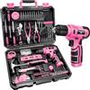 JENABOM Set di trapani: set di attrezzi con trapano a batteria rosa da 8 V, kit di attrezzi per la casa con trapano, kit di utensili manuali per donne, proprietario di casa, fai da te, tuttofare, 127