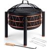 VonHaus Braciere - 2-in-1 con Griglia BBQ per esterni, giardino e patio, in acciaio nero con dettaglio rame, con attizzatoio e coperchio in rete inclusi, legna o carbone
