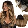 RUNATURE Extension Microring Capelli Veri Nero Balayage 60 cm #1B/6/27 | Extension Capelli Microring Nero Balayage Marrone Ombre Bionda 50 Ciocche 50g