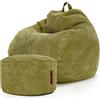 Green Bean© Set da 2 Poltrona a sacco XXL da interno + Pouf con imbottitura in perle EPS - Poggiapiedi Sgabello Cuscino per pavimento Sedia Cuscino per sdraiarsi sedersi - Verde