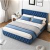Zravenna Letto imbottito 160 x 200 cm, letto matrimoniale con rete a doghe e telaio in metallo, testiera imbottita con decorazione a bottoni, gambe in legno, velluto, blu