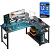 COMHOMA tavolo da gioco con ripiano, scrivania ad angolo con presa e porta di ricarica USB, scrivania per computer da 120 cm a forma di L, tavolo per PC per ufficio, ufficio domestico (Nero-100cm)