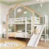 Gelukueub - Letto a castello con scivolo e scala angolare a tre pioli, letto con protezione anticaduta, letto per bambini, telaio in legno massello, bianco+colore naturale, 90 x 200cm (Senza cassetto)