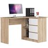 AKORD Scrivania ad Angolo B-16 con 3 Cassetti e 2 Ripiani | Scrivania ad Angolo per Ufficio in Casa | L124 x H77 x P85, 48 kg | Rovere Sonoma & Bianco Frontale