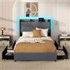 COSTWAY Letto Matrimoniale 160 x 200 cm, Letto Imbottito con Testiera, Luci LED, Stazione di Ricarica, 2 Tasche e 4 Cassetti, Carico 500kg, Silenzioso
