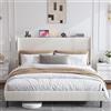 OKMYHOME Letto Imbottito 180x200 cm, Letto Matrimoniale Grande con LED e Porta USB Tipo C, Struttura con Rete a Doghe in Metallo, Tessuto a Coste, Beige, Senza Materasso