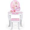 RELAX4LIFE Toeletta da Trucco con Sgabello per Bambini, Scrivania con Specchio Rotondo Rimovibile, Cassetto con Manopola a Stella, Scrivania e Sedia per Cameretta, Modello Unicorno (Bianco)