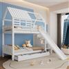 NovaFurnish Letto a castello con scala e scivolo, letto per casa, scala con vano portaoggetti, telaio in legno di pino e MDF, culla con finestra e tetto, con griglia anticaduta e cassetto, bianco, 90
