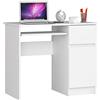 AKORD | Scrivania con Ripiano per Tastiera | Office Desk | Cassetto e Armadietto Sul Lato Destro | Scrittoio per Ufficio | Per Computer PC Laptop | 90x77x50 cm | 30 kg Bianco
