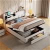 BSMGSGN Letto Matrimoniale 140x200 cm Imbottito con Contenitore, Cassetto di Contenimento alla Base, Tessuto in Velluto Beige, LED, Ricarica USB, Senza Materasso (Beige chiaro-D, 140x200 cm)