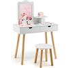 COSTWAY 2 in 1 Set Toeletta per Bambini, Postazione Trucco in Legno con Sgabello, Specchio Rettangolare Staccabile e 2 Cassetti Capienti, Ideale per Bambini dai 3 ai 7 Anni, 70 x 37 x 100 cm (Bianco)