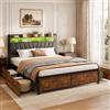 OLIVIBED Letto Matrimoniale 160 x 200 cm con USB, Struttura letto in metallo con rete a doghe e testiera, letto per camera da letto, letto vintage marrone e nero, PU, senza materasso