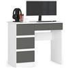 AKORD | Scrivania A-7 | 4 Cassetti | Office Desk | Scrittoio per Ufficio | Per Computer PC Laptop | Al lavoro | A casa | 50x90x77 cm | Bianco/Grigio grafite