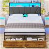 Brinlawb Struttura Letto 140x190 cm con Testiera Imbottita, Letto 140x190 cm con Luce LED e Stazione di Ricarica (2 Prese CA, 2 Prese USB) Letto Matrimoniale con 2 Grandi Cassetti al Fondo, Grigio