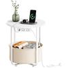 WOLTU Tavolino Rotondo con Cestino Rimovibile, Tavolino da Divano con 2 Prese, 1 Porta USB e 1 Porta Type-C, Struttura in Metallo, per Soggiorno, Camera da Letto, Ufficio, Ø 45xA 50 cm, Bianco+Beige