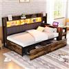 Oxtao Divano letto in ferro, con versatili scomparti e armadietti, prese multifunzionali e illuminazione LED, completo di grandi cassetti e scrivania estraibile (colore legno A, 90 x 200 cm)