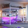 Wyibwy Letto a soppalco per bambini 140 x 200 cm,letto a castello matrimoniale 140x200 in metallo con prese USB e elettriche, con illuminazione a LED,scrivania,con sponde e scaletta,diversi ripiani,bianco