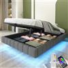 HOXINBLY Letto Matrimoniale con Contenitore180x200cm con LED e USB-C,Letto una piazza e mezza con Testiera e Vano Portaoggetti, Letto Contenitore con rete a doghe, Struttura Letto Matrimoniale in lino grigio