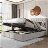 TOBIDOEN Letto imbottito da 160 x 200 cm con contenitore, letto matrimoniale per adulti con ampio spazio sotto il letto, testiera con grandi cuciture a bottoni, piedi con decorazione a borchie, lino
