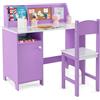 RELAX4LIFE Scrivania per Bambini con Sedia, Tavolo in Legno con Libreria, Armadietto, Pennarello, Bacheca e Lavagna, Postazione Computer per Studenti e Tavolo da Scrittura per 3+ Anni (Viola)