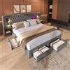 Kebnor Set completo per camera da letto, letto imbottito, letto matrimoniale con 2 comodini e 4 cassetti, testiera con funzione di ricarica USB, velluto (senza materasso) (grigio, 160 x 200 cm)