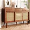 Sweiko Credenza, cassettiera in rattan con 3 cassetti e ante scorrevoli, multifunzionale da cucina, tavolo da pranzo con gambe in legno massiccio, armadietto multiuso con ripiano regolabile (noce)