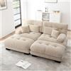 NuvlaGu Cloud Divano Angolare Ciniglia 2 Posti con Pouf, Divano Imbottito con Braccioli Larghi, 2 Cuscini Lombali, 2 Cuscini Decorativi, Divano Modulare per Soggiorno, Beige