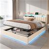 BSMGSGN Letto Matrimoniale con Contenitore 140x200 cm, Letto Imbottito in Velluto Beige con LED USB, Sistema di Sollevamento a Gas, Testiera con Vano Portaoggetti, Rete a Doghe Inclusa, Materasso Non Incluso