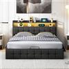 ZHDOKA Moderno Letto imbottito, Letto matrimoniale a LED con vano contenitore e rete a doghe, letto contenitore con testata e funzione di ricarica USB-C, PU, Nero, Senza Materass,140x200cm