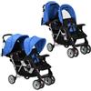 vidaXL Passeggino Gemellare in Acciaio Blu e Nero Carrozzina Tandem Bambini