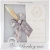 Borda y más Kit de candela e panno personalizzato per battesimo - Set de candela decorata per Battesimo e Panno ricamato con Nome e Data di Battesimo - Modello Paris (Grigio)