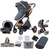 Magic ZC Passeggino Trio, Passeggino 3 in 1 con Spinta Reversibile a Due Vie, Trio Passeggini Neonati con Accessori, Carrozzina per Neonati con Design Portatile Pieghevole Un Clic (V9 Blue)