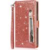 YKTO Cover per Samsung Galaxy A12 5G Custodia Bling Glitter Pelle PU Libro Portafoglio con Tasca Zip Slot per Carte Supporto Chiusura Magnetica Protezione Wallet Case per Samsung Galaxy A12 5G,Oro Rosa