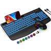 Proaustin Set tastiera e mouse wireless, 7 colori retroilluminati, poggiapolsi, tastiera ergonomica ricaricabile con supporto per telefono, combo full size illuminata silenziosa (nero)