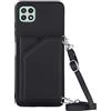 Paekear PekaTech Custodia con Collana per Samsung Galaxy A22 5G con Cordino e Porta Carte, Cover Portafogli di Pelle PU [Antiurto] [AntiGraffio] [Antiscivolo] con Cordino Case con Laccio Tracolla, Nero