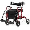 COSTWAY Deambulatore 2 in 1 per Anziani in Alluminio, Rollator Pieghevole e Regolabile in Altezza con Sedia, Schienale Reversibile, Manici Regolabili, Ruote, Poggiapiedi e Borsa Rimovibile (Rosso)