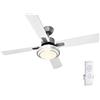 BAKAJI Ventilatore a Soffitto 4 Pale Diametro 130cm In Legno e Metallo Dotato Di Velocità Regolabile Con Lampada Lampadario Plafoniera In Vetro a LED Potenza 20W Accensione Telecomando (Bianco)