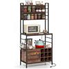 KOMFOTTEU Scaffale da cucina con presa di corrente alto 170cm, scaffale da forno in legno e telaio metallico, scaffale per microonde con ganci a forma di S e portabottiglie per vino, scaffale