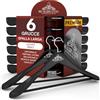 Eurocali 6 Grucce Appendiabiti a Spalla Larga in Legno Nero per Abiti Vestiti Giacche Camicie - Gancio Girevole 360° e Barra Porta Pantaloni RealGruccia - Finitura Lucida e Profilo Smussato - 24x45cm