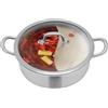 KenSyuInt Pentola in acciaio inossidabile con divisore a 2 griglie, Hot Pot, pentola per zuppe, per pasta, per carne, Shabu, pentola calda con coperchio in vetro, cucchiaio delizioso (Ø32cm)
