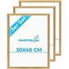 PHOTOLINI Cornici 30x40 cm oro legno MDF, set di 3 cornici per poster, plexiglass infrangibile, da parete, accessori extra inclusi - per foto, immagini e poster
