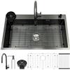 WYZSIINK Lavello da cucina da 80 x 50 cm, in acciaio inox nero antracite, 1 lavello da incasso, grande lavello da cucina con rubinetto, scolapiatti, lavello per bicchieri, dispenser di sapone, sifone e scarico