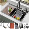 Generic Lavello A Cascata, Lavello Da Cucina In Acciaio Inox Nero, Postazione Di Lavoro A Una Vasca Con Lavabicchieri, Cestello Di Scarico E Rubinetto Estraibile, Lavello Da Montare In Alto, Con Rivestimento