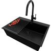 PRIMAGRAN Lavandino Angolare Tutto Nero 68x50cm, Lavello in Granito a 1 vasca + Rubinetto 40x20cm + Set di accessori, Lavabo da Cucina Incasso al Mobile 70cm - Oslo Top S483