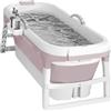 HUOLE Vasca da bagno pieghevole per adulti, bagno in pile all'aperto, 118 x 60 x 53 cm, portatile, pieghevole, con coperchio e rulli per massaggi, cestino per sapone, per bagno e doccia (rosa)