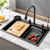 DSMRLEOP Lavello da cucina in acciaio inox nero, stazione di lavoro multifunzionale con rubinetto a cascata estensibile, tazza di risciacquo ad alta pressione, tagliere, sifone con cestello di scarico